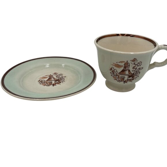 Vintage Ceramic Teacup & Saucer Set With Brown Scenic Church Design - Picture 2 of 7